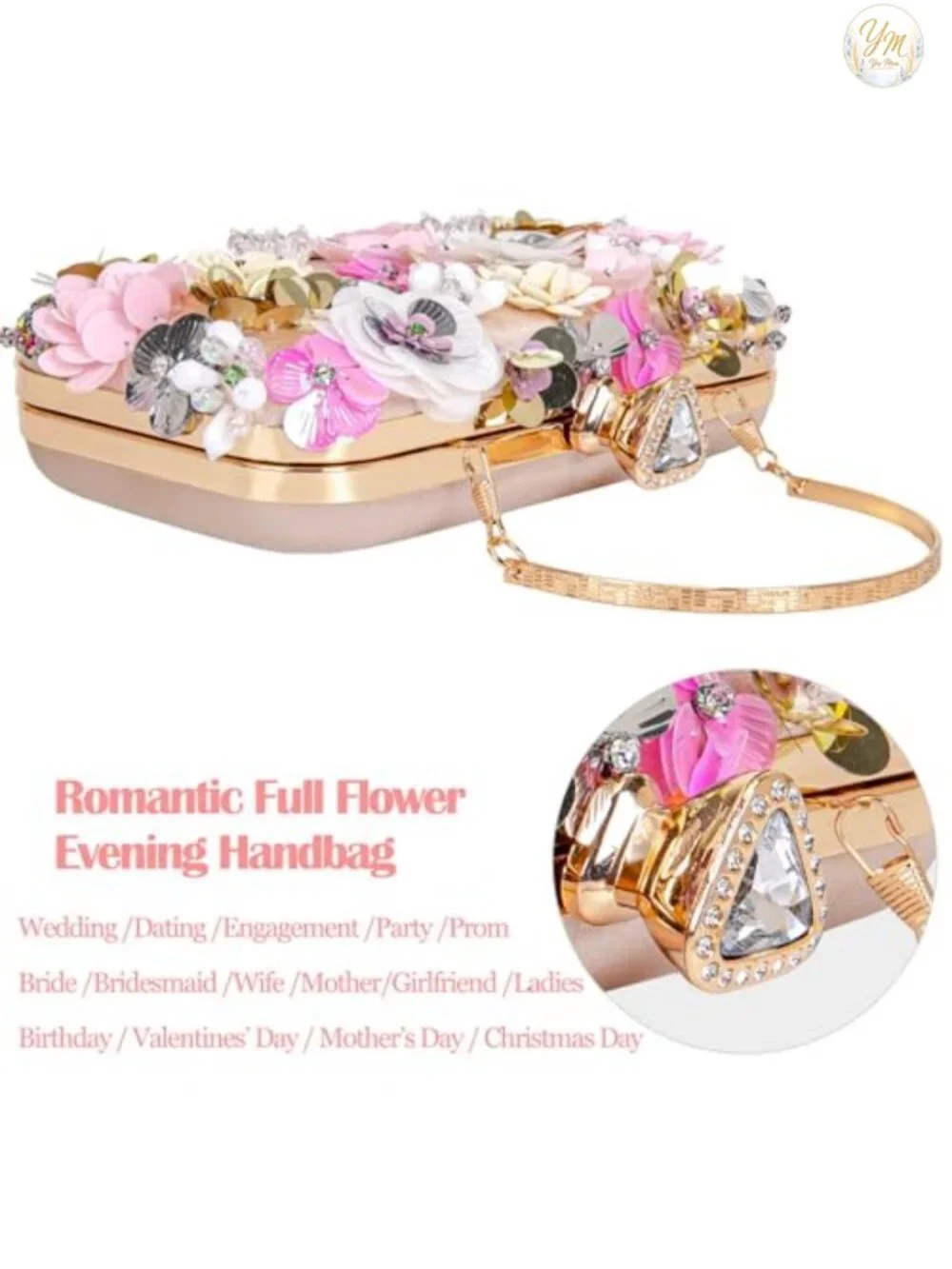 Faux Leather Floral Evening Clutch with Chain Strap